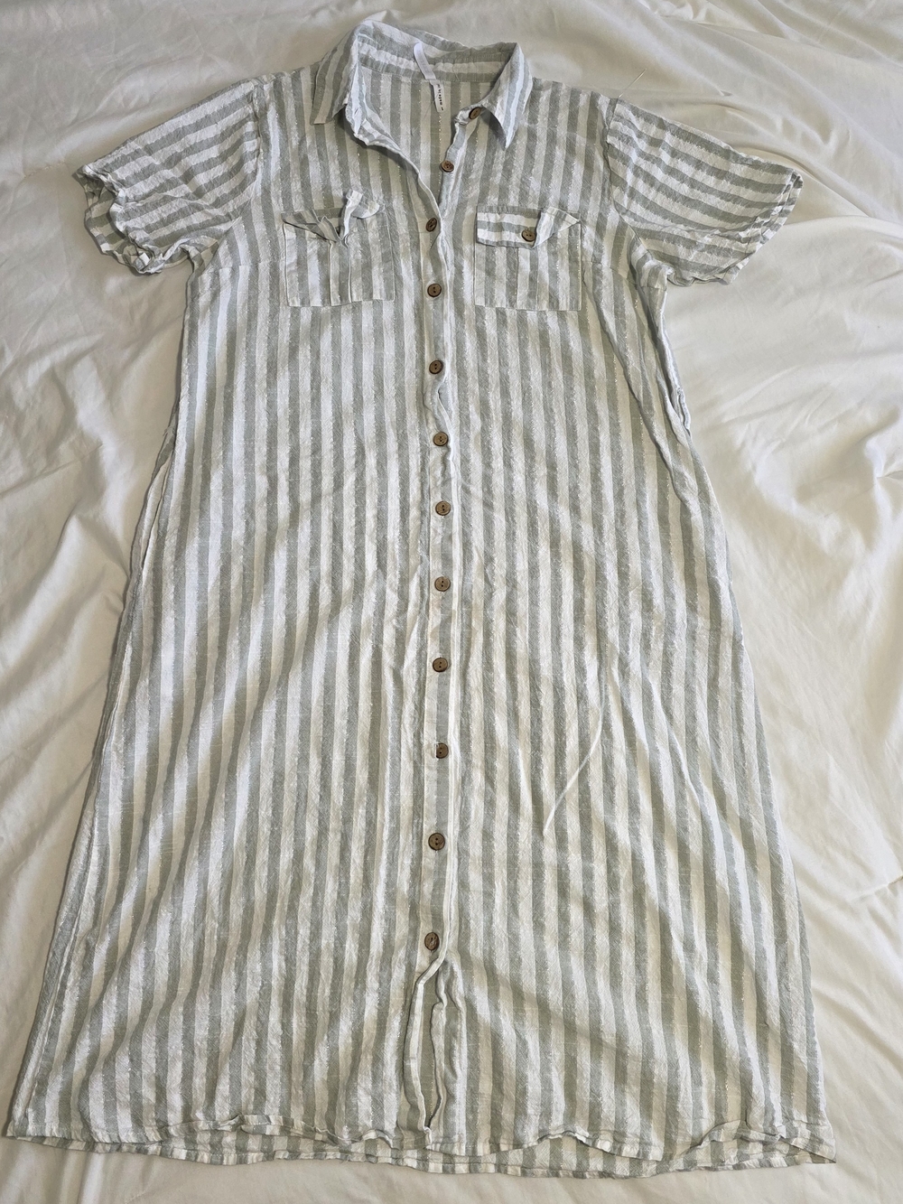 Casual Stripe Button-Front Maxi Dress — Light Gray & White